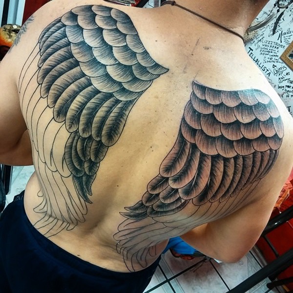 Grey Ink Large Angel Wings Tattoo On Full Back For Men