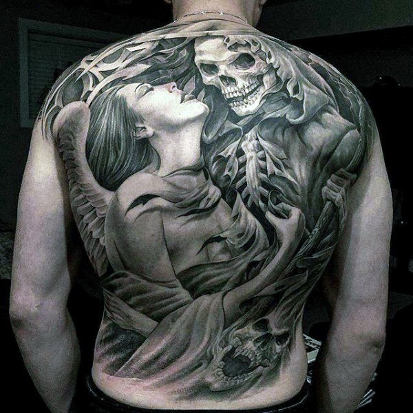 Grey Ink Skull Faced Death Angel & Girl Tattoo On Full Back