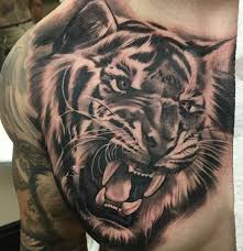 Grey Roaring Tiger Tattoo On Chest