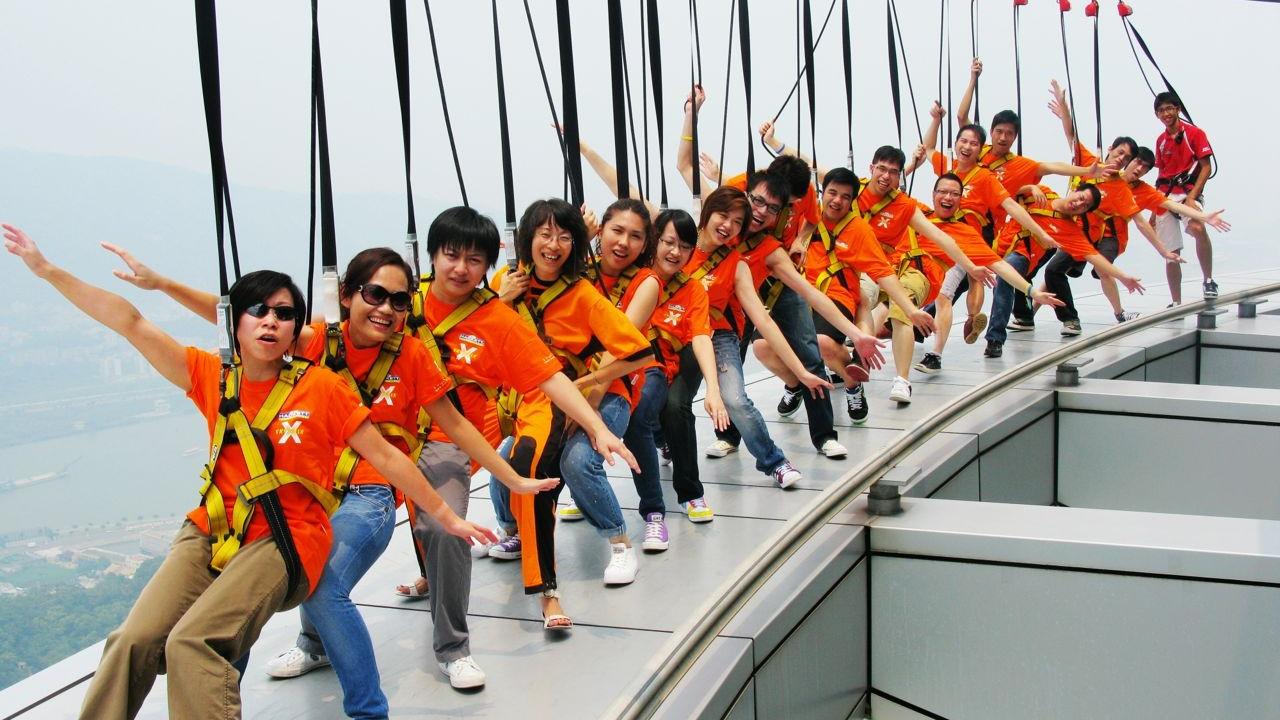 Group of People Take A Sky walk At Macau Tower