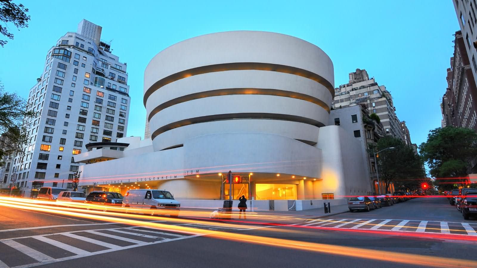 Guggenheim Museum With Motion Lights At Dusk