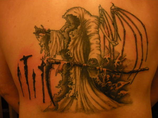 Hooded Face Angel Of Death Tattoo On Back For Men