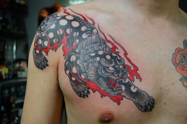 Japanese Lion Tattoo On Chest & Shoulder by Illsynapse