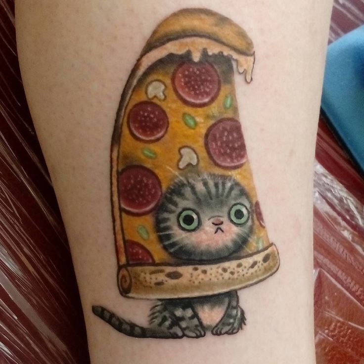 Kitten With Pizza Slice Funny Tattoo
