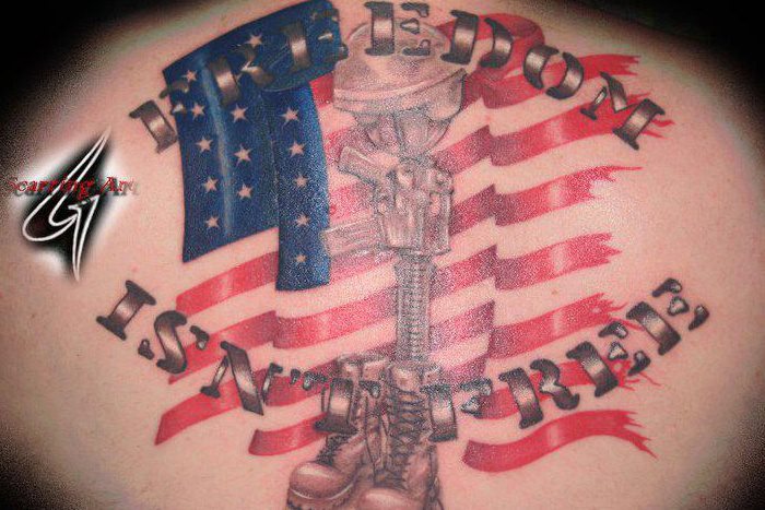 American Flag With Wording “Freedom Is Not Free” Full Back Tattoo