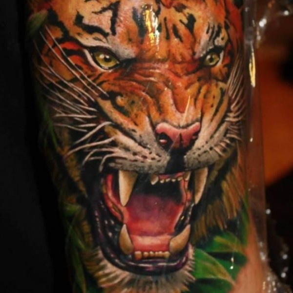 Realistic & Violent Tiger Tattoo On Arm