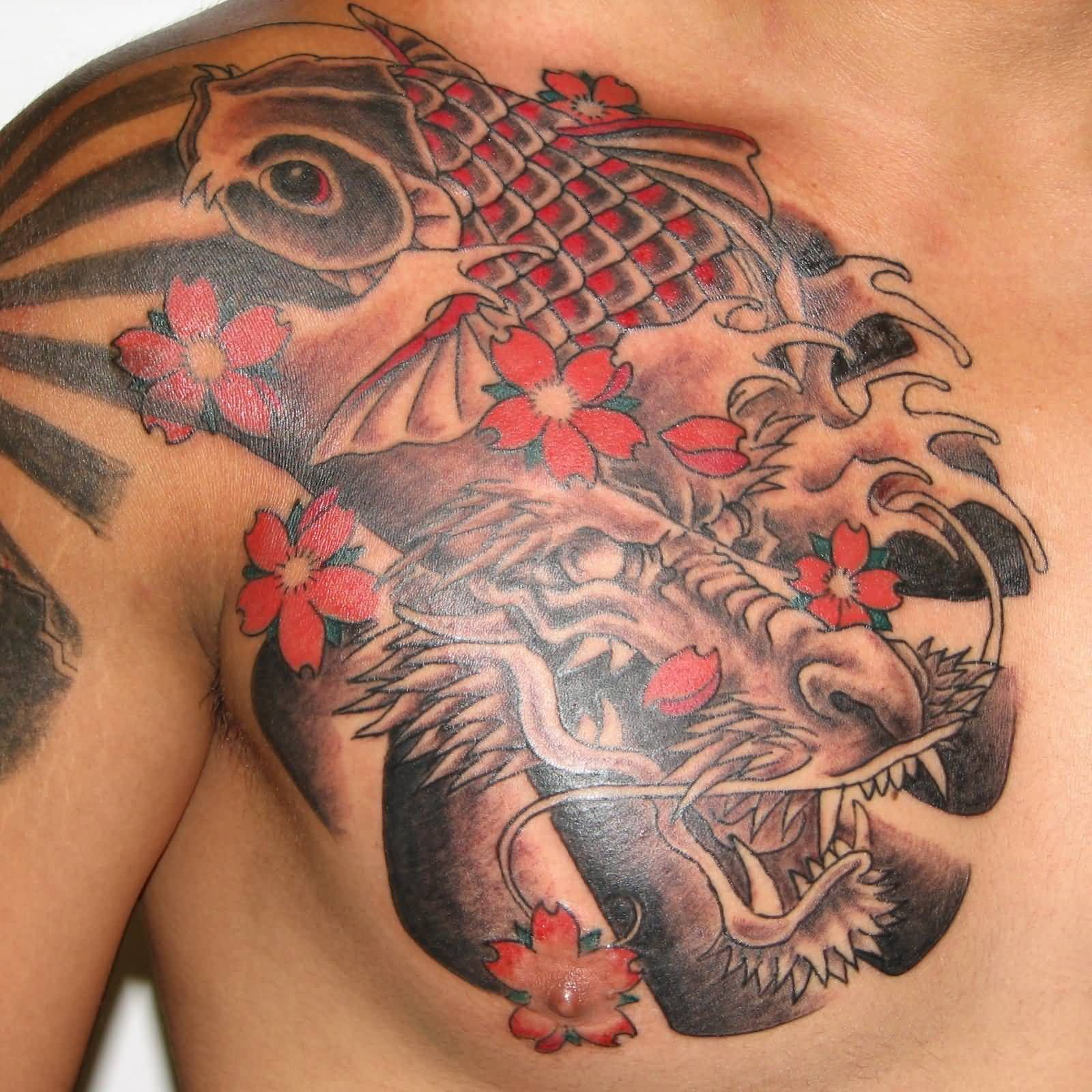 Red & Grey Japanese Lion & Koi Fish Tattoo On Chest