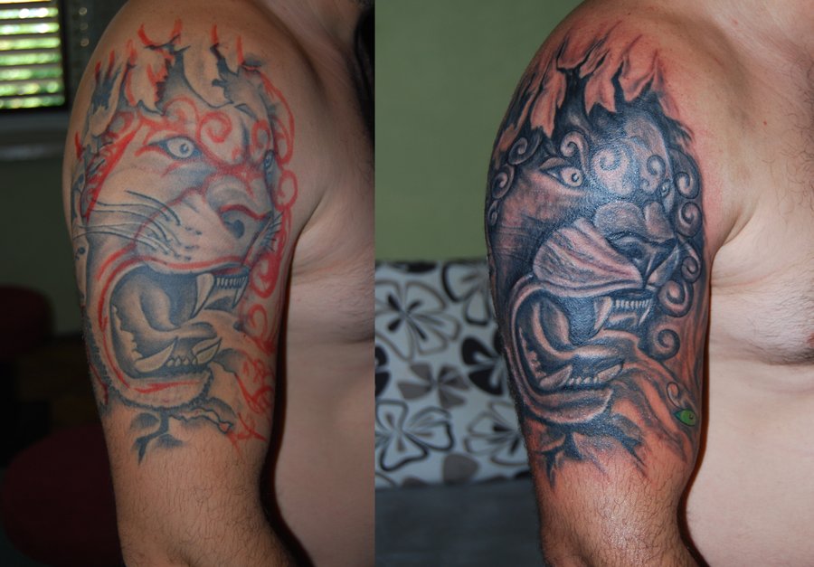 Ripping Skin Japanese Lion Tattoo On Half Sleeve By Kiddotattoo