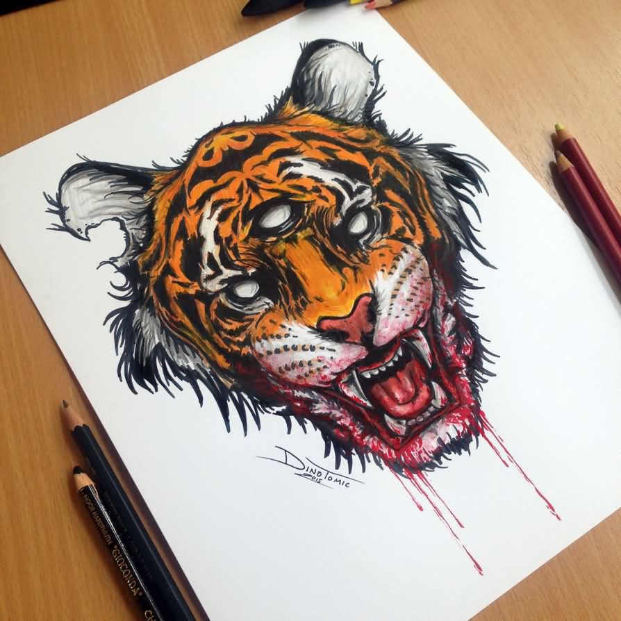 Scary Tiger Head Tattoo Design By Dino Tomic