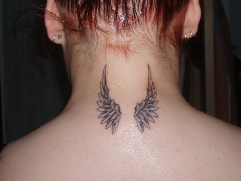 Small Grey angel Wings Tattoo On Back Neck