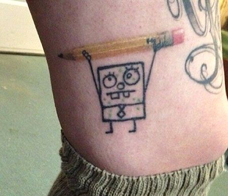 Spongebob Holding Pencil Funny Tattoo On Side Rib Cage