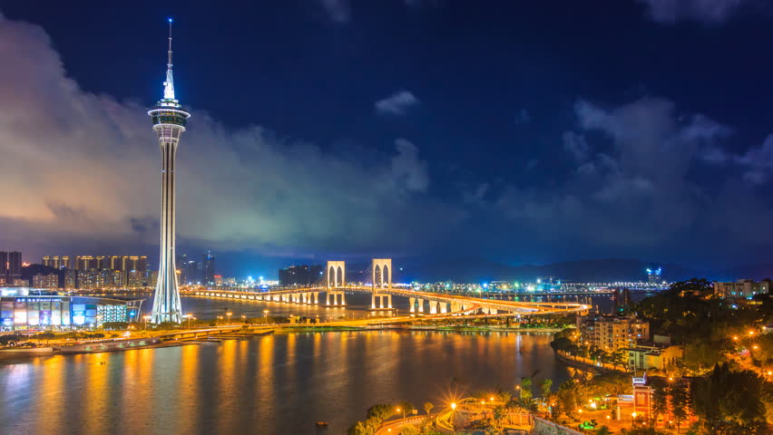 The Macau Tower And Bridge Lit Up At Night