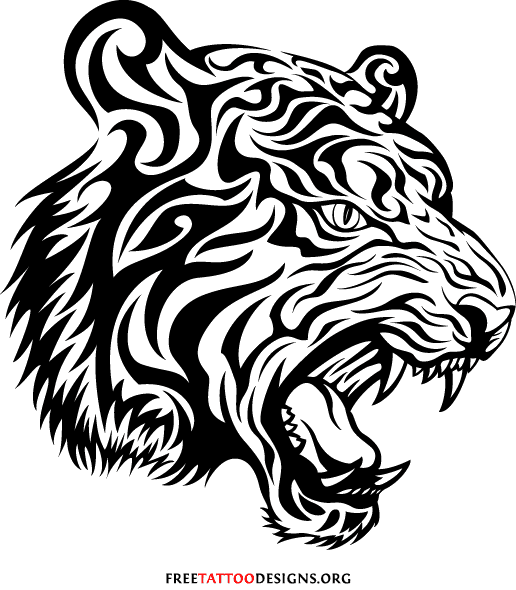 Tribal Roaring Tiger Face Tattoo Design