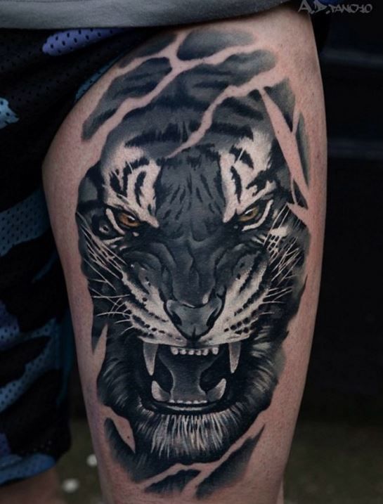 Unique Dark Grey Angry Tiger Tattoo On Thigh