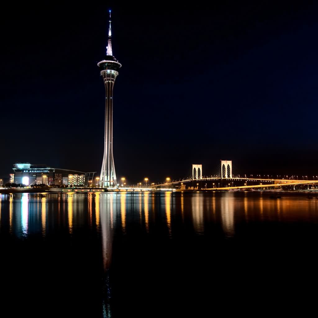 Water Reflection of Macau Tower At Night