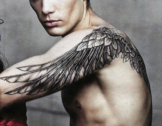 Wonderful Grey Shaded Angel Wing Tattoo On Left Shoulder, Arm & Back