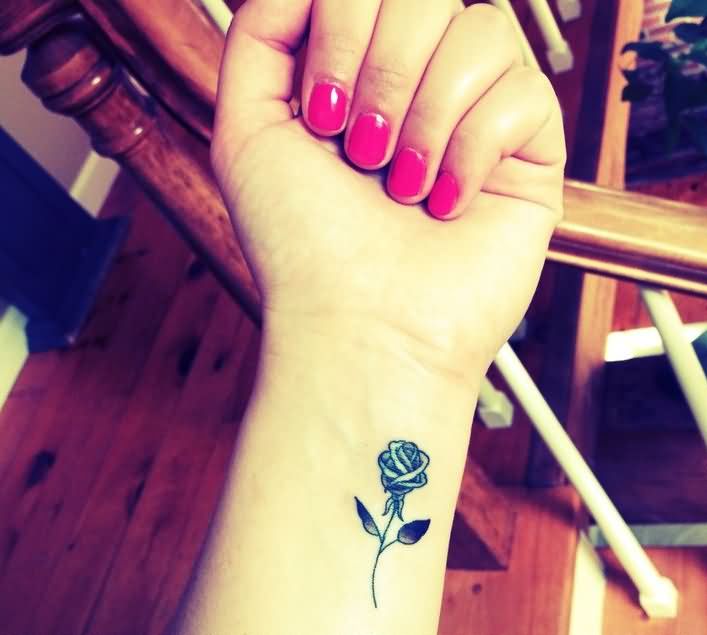 Wonderful Small Black & Grey Rose Tattoo On Wrist For Girls