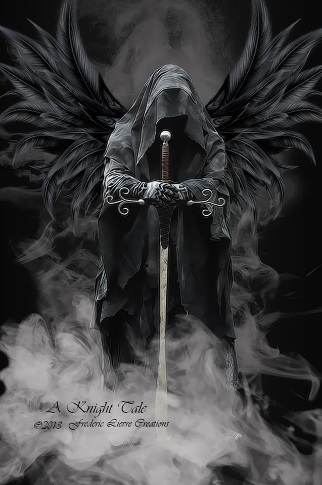 hooded face Angel Of Death With Black Wings & Sword Tattoo Design