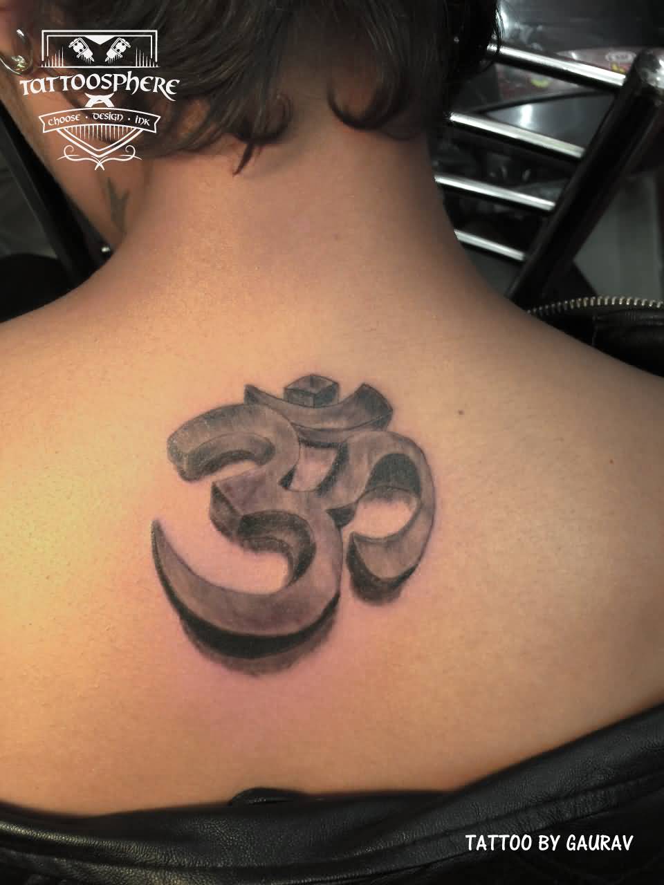 Awesome Grey Ink 3D OM Tattoo On Upper Back
