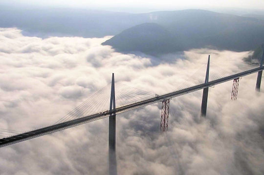Aerial view of Millau Viaduct with clouds