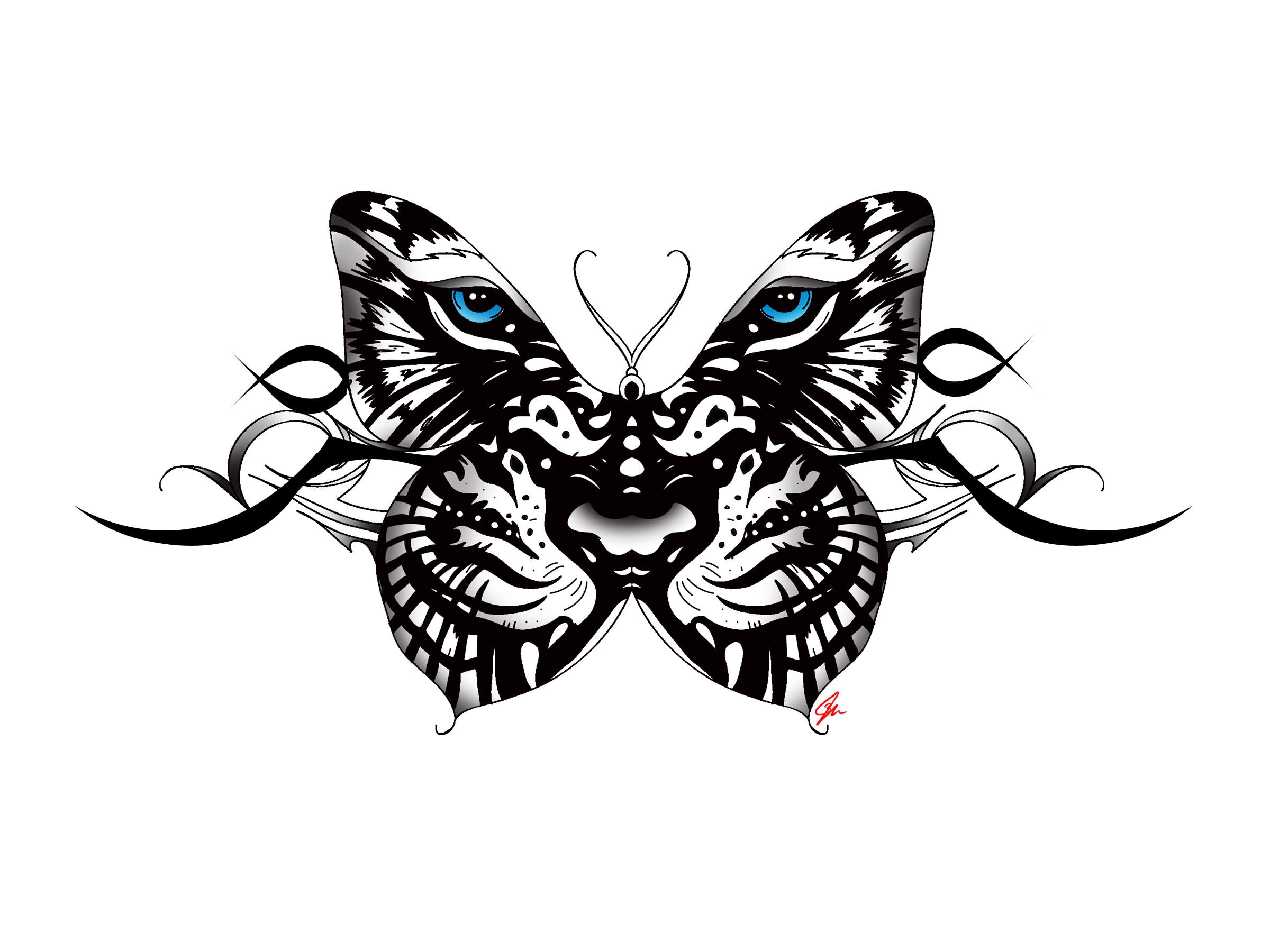 Amazing Black & White Tiger Butterfly Tattoo Design