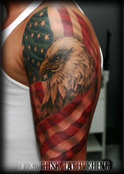 Amazing American Flag & Bald Eagle Tattoo On Shoulder & Half Sleeve