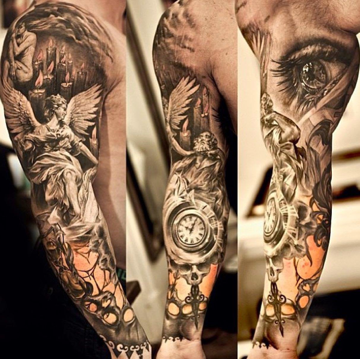 Amazing Archangel With Eye & Watch Tattoo On Full Sleeve