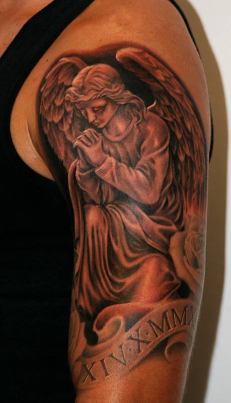 Amazing Black & Grey Ink Praying Guardian Angel Tattoo On Half Sleeve