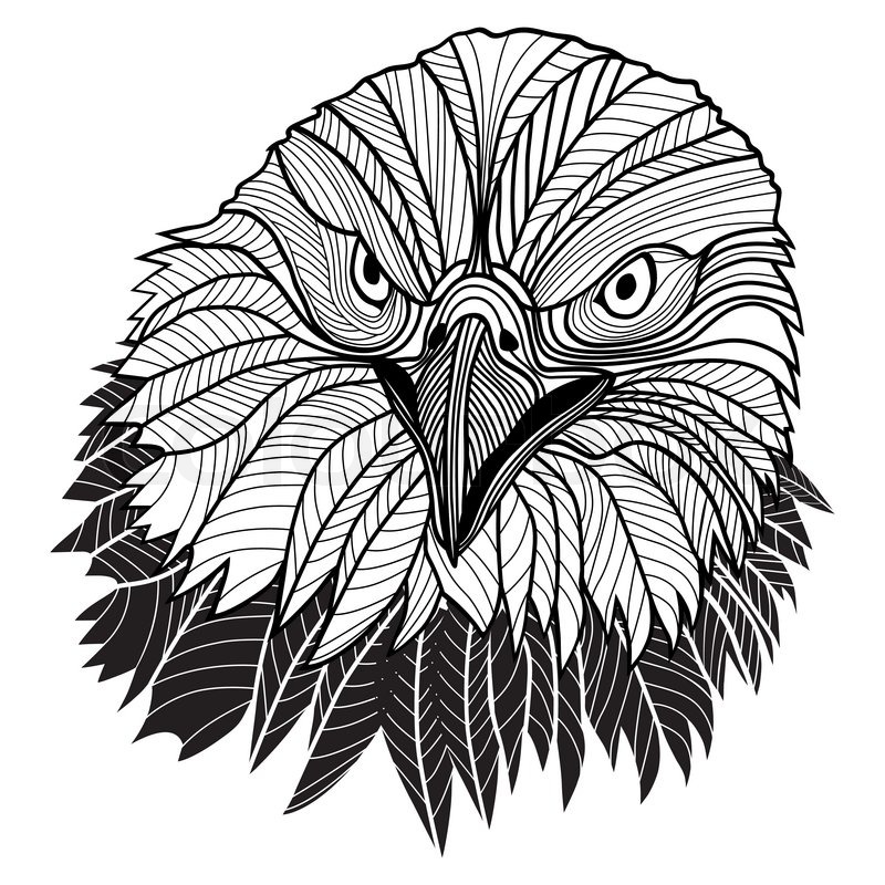 Amazing Black Outline Eagle Face With Feathers Tattoo Design
