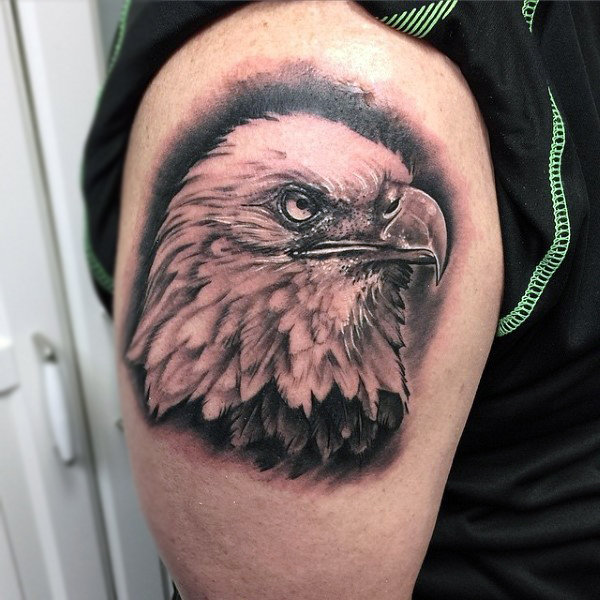 Amazing Black & White Bald Eagle Head Tattoo On Men Shoulder