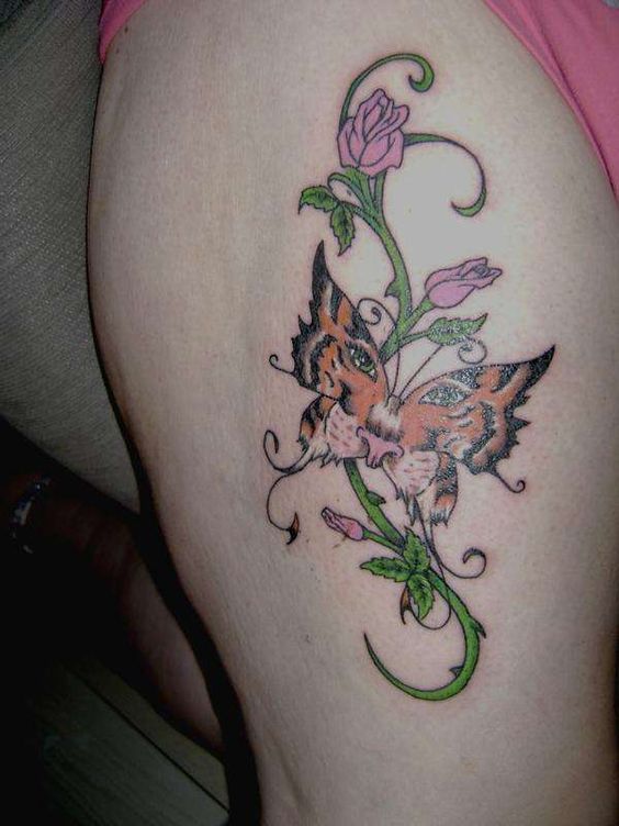 Amazing Colored Tiger Butterfly With Flowers Tattoo on Thigh For Girls