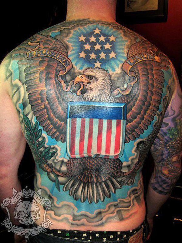 Amazing Colorful Bald Eagle With American Flag Tattoo On Full Back