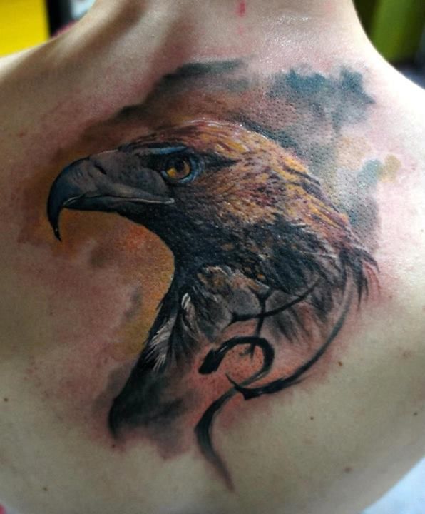 Amazing Colorful Eagle Head Tattoo On Upper Back