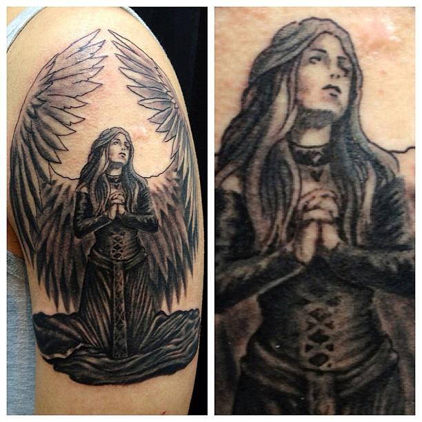 Amazing Dark Ink Praying Angel Tattoo On Half Sleeve By Tokmakhan On DeviantArt