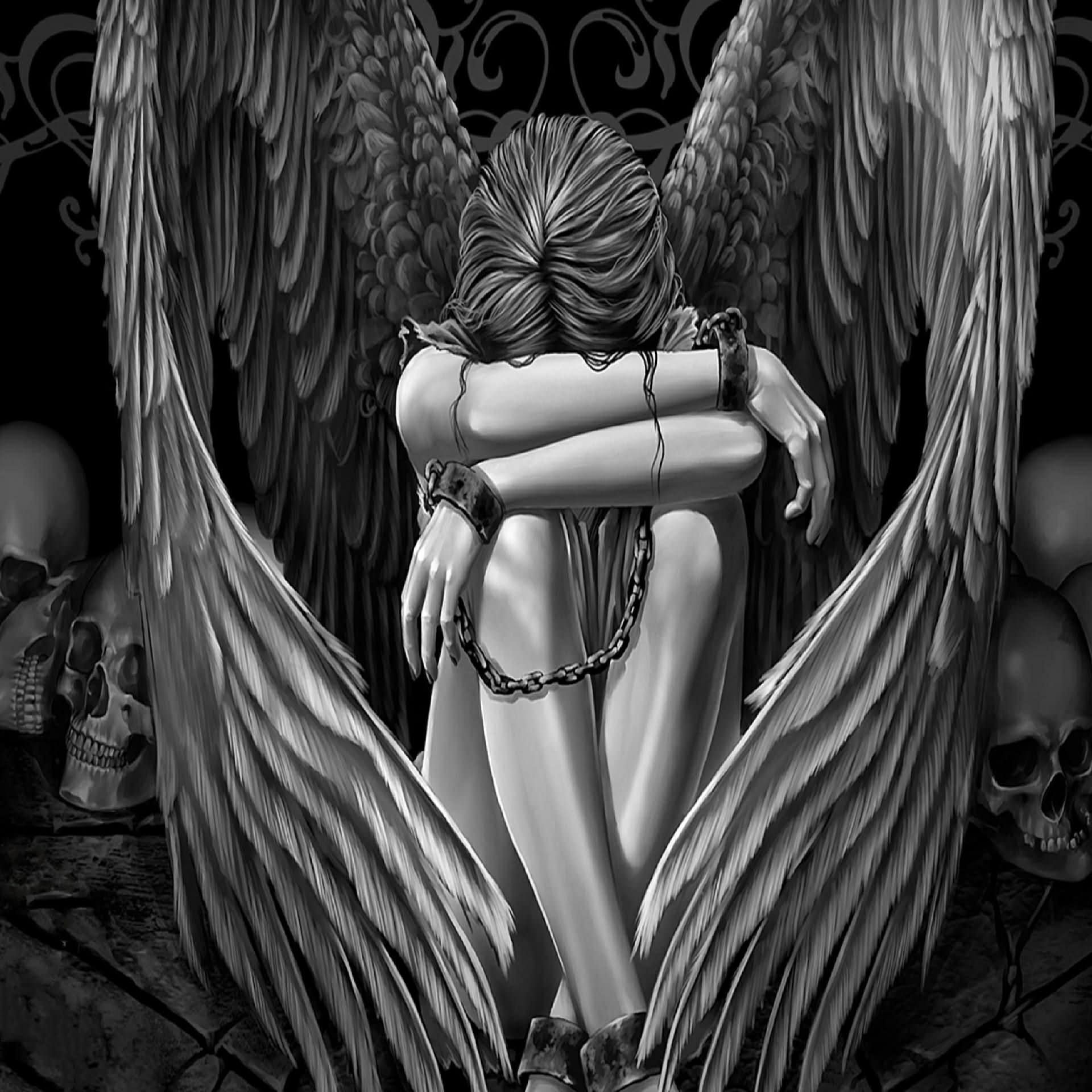 Amazing Female Fallen Angel With Skulls Tattoo Design