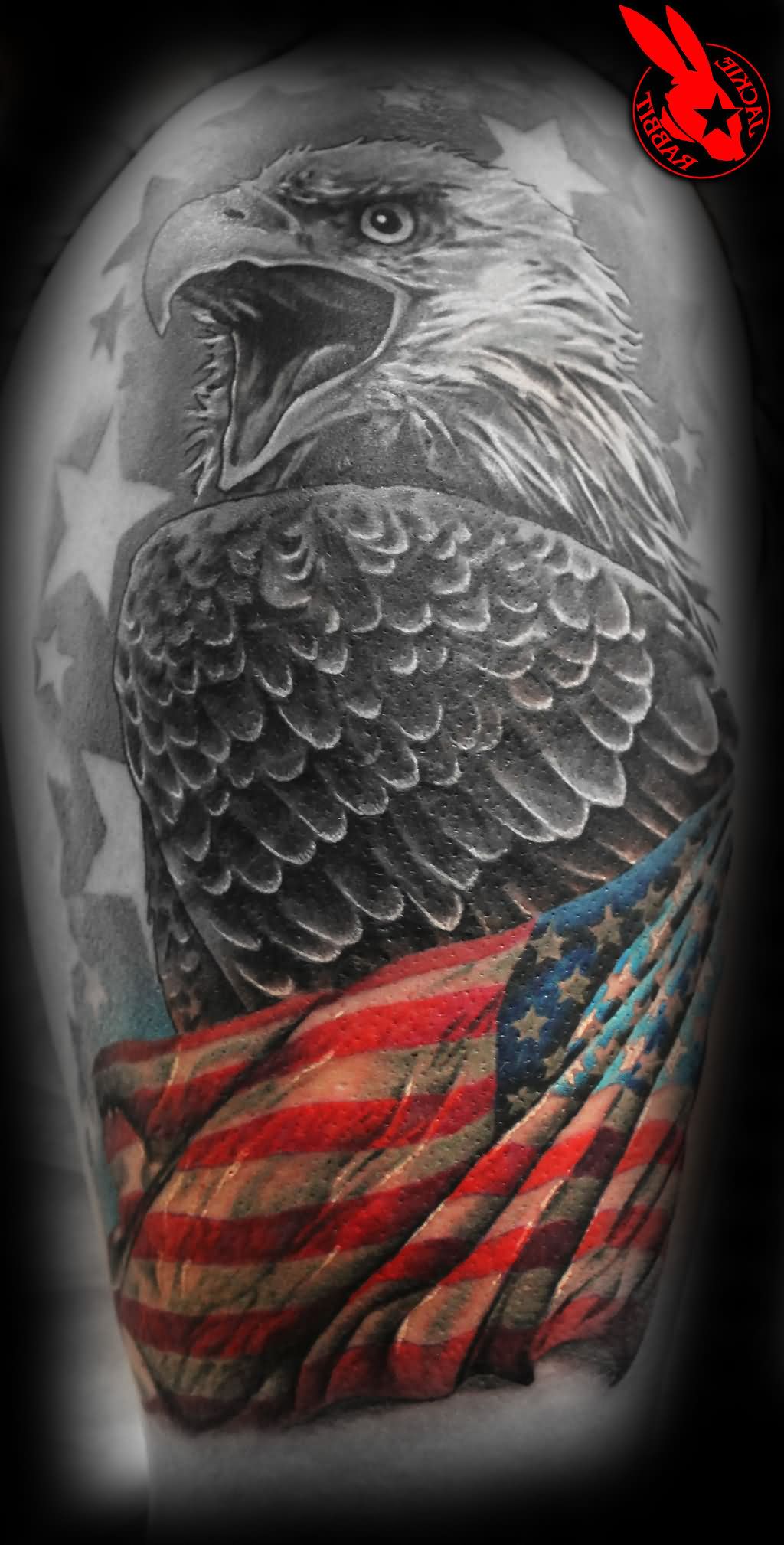 Amazing Grey Eagle With Colorful American Flag Tattoo On Sleeve