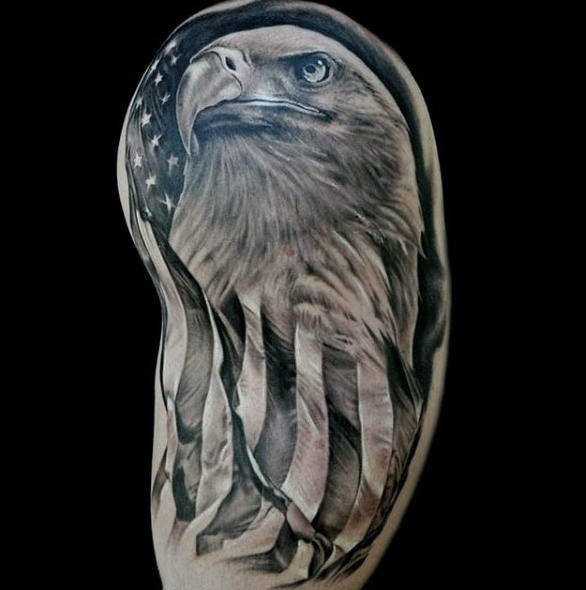 Amazing Grey Ink American Flag & Eagle Tattoo Design On Shoulder For Men