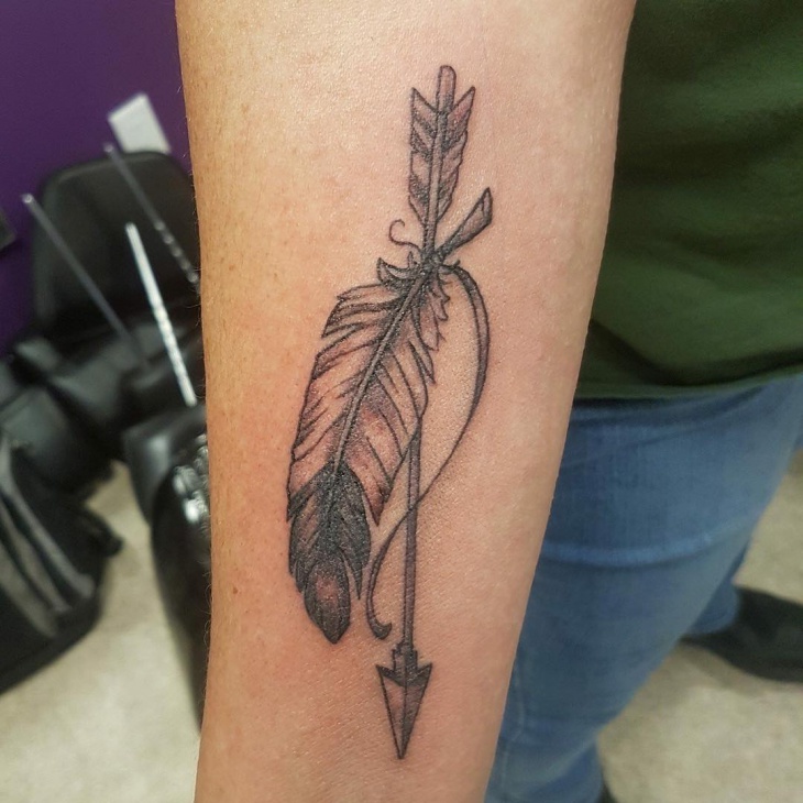 Amazing Grey Ink Eagle Feather With Arrow Tattoo On Forearm