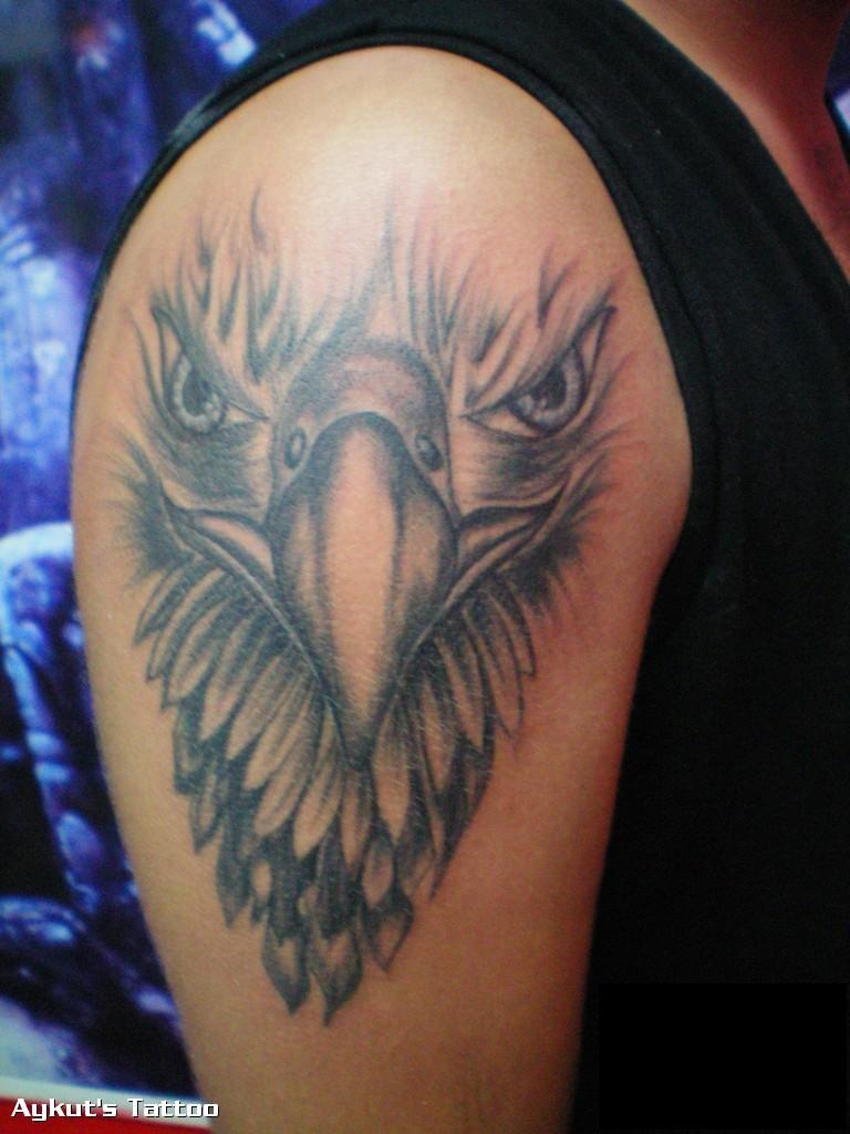 Amazing Grey Ink Eagle Head Tattoo On Shoulder