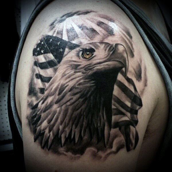 Amazing Grey Ink Realistic Bald Eagle Head With American Flag Tattoo on Shoulder