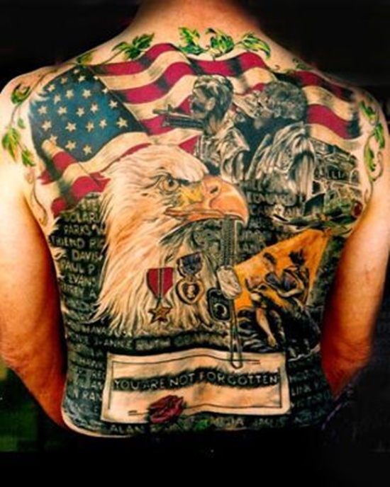 Amazing Patriotic American Flag & Bald Eagle Tattoo Design On Full back For Men