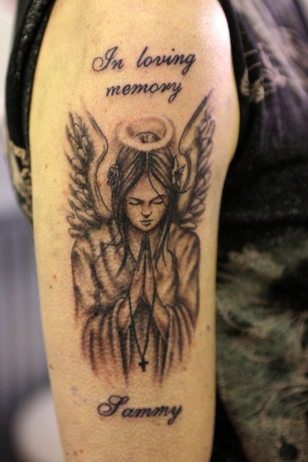 Amazing Praying Angel Tattoo On Loving Memory Of Loved One On Half Sleeve