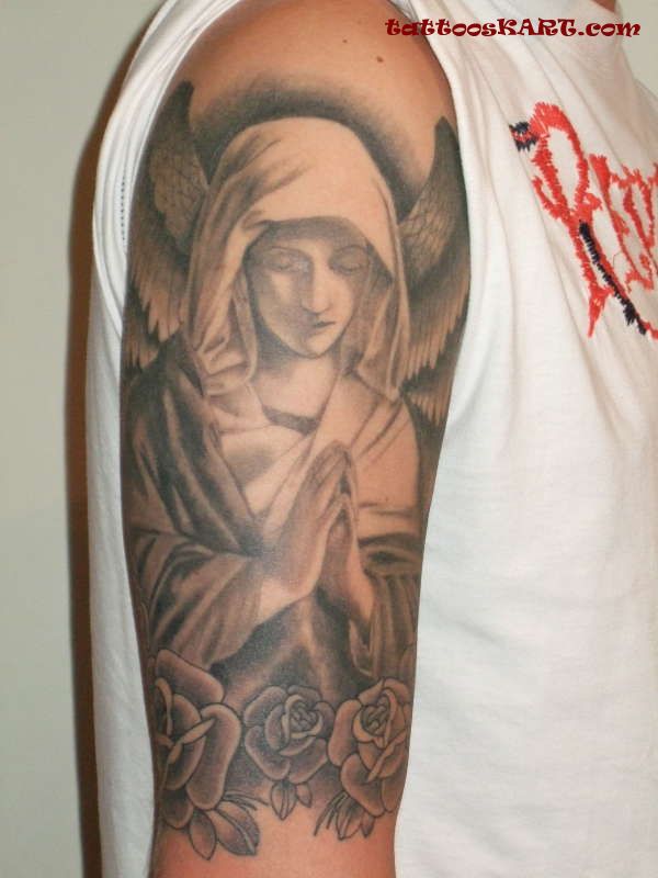Amazing Praying Angel With Rose Flowers Tattoo On Half Sleeve