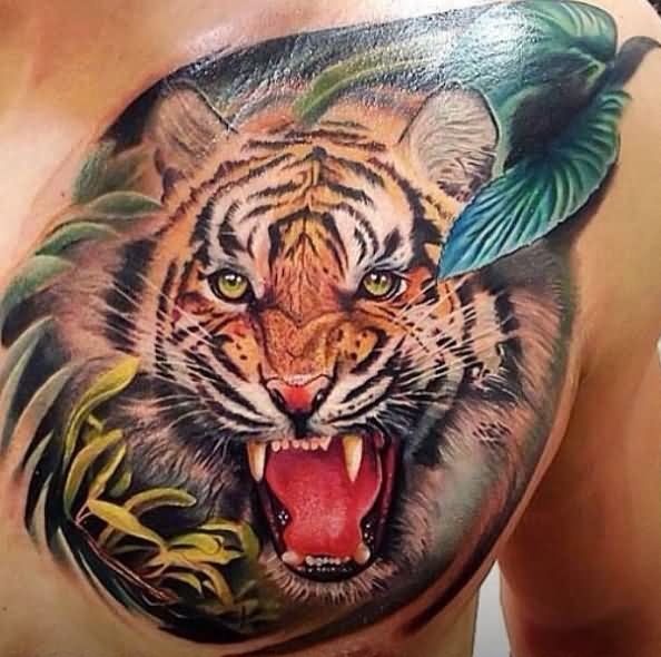 Amazing Realistic Roaring Tiger Tattoo On Chest For Men