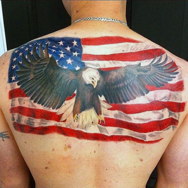 American Flag & Bald Eagle Patriotic Tattoo On Full Upper Back