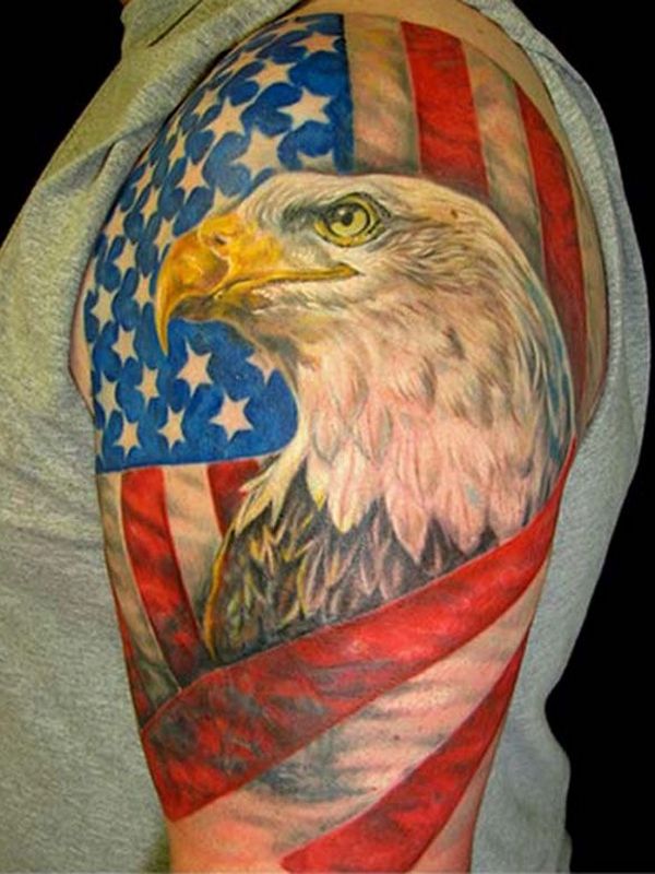 American Flag & Bald Eagle Tattoo Design On Half Sleeve & Shoulder For Men