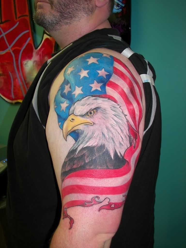 American Flag & Bald Eagle Tattoo On Half Sleeve
