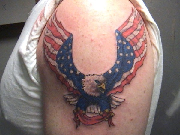 American Flag Colored Flying Bald Eagle Tattoo on Shoulder