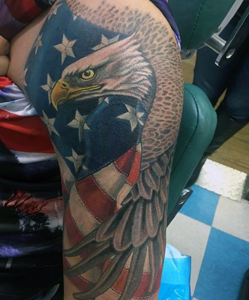 American Flag & Flying Bald Eagle Tattoo On Sleeve