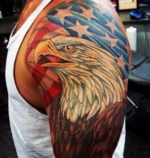 American Flag and Bald Eagle Tattoo On Man Shoulder & Half Sleeve